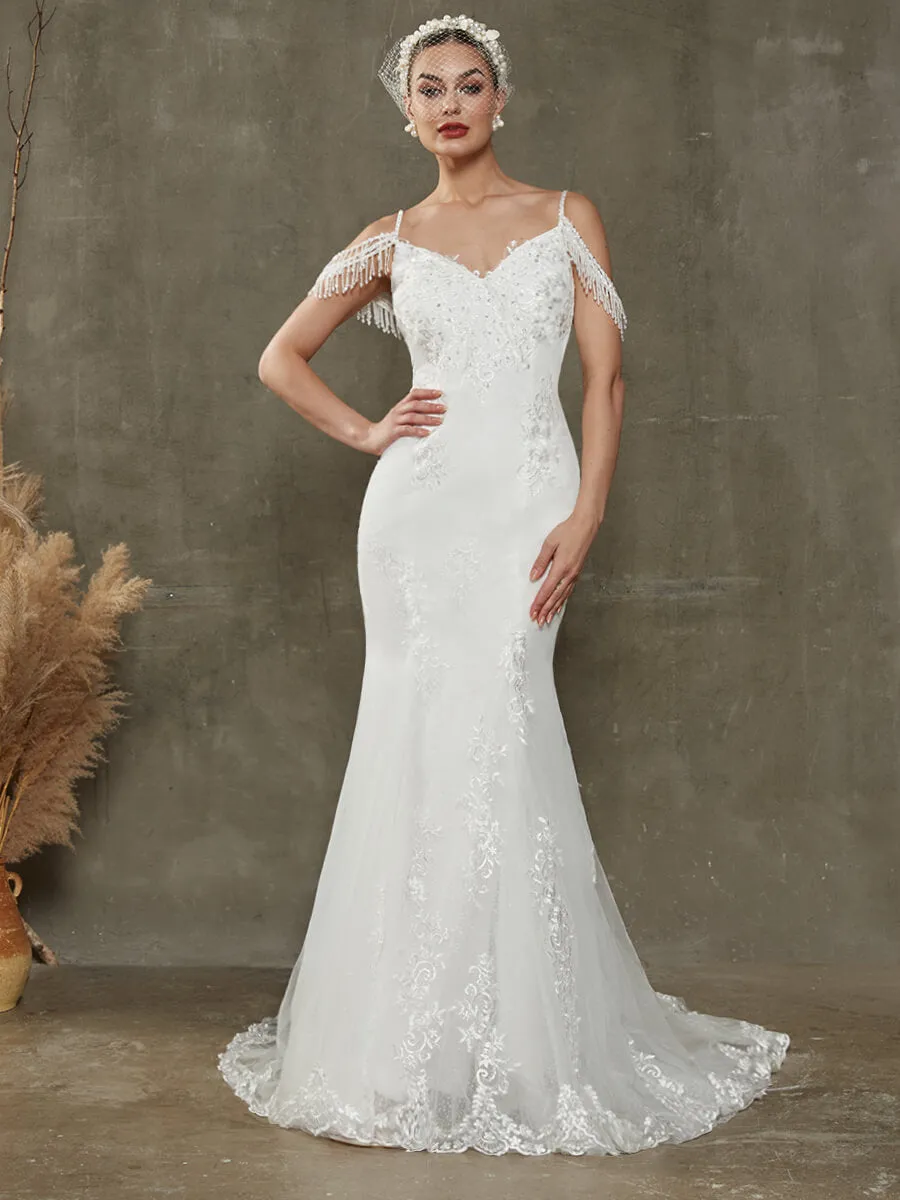 V-Neck Tassel Sleeve Tulle Lace Mermaid Wedding Gown With Chapel Train
