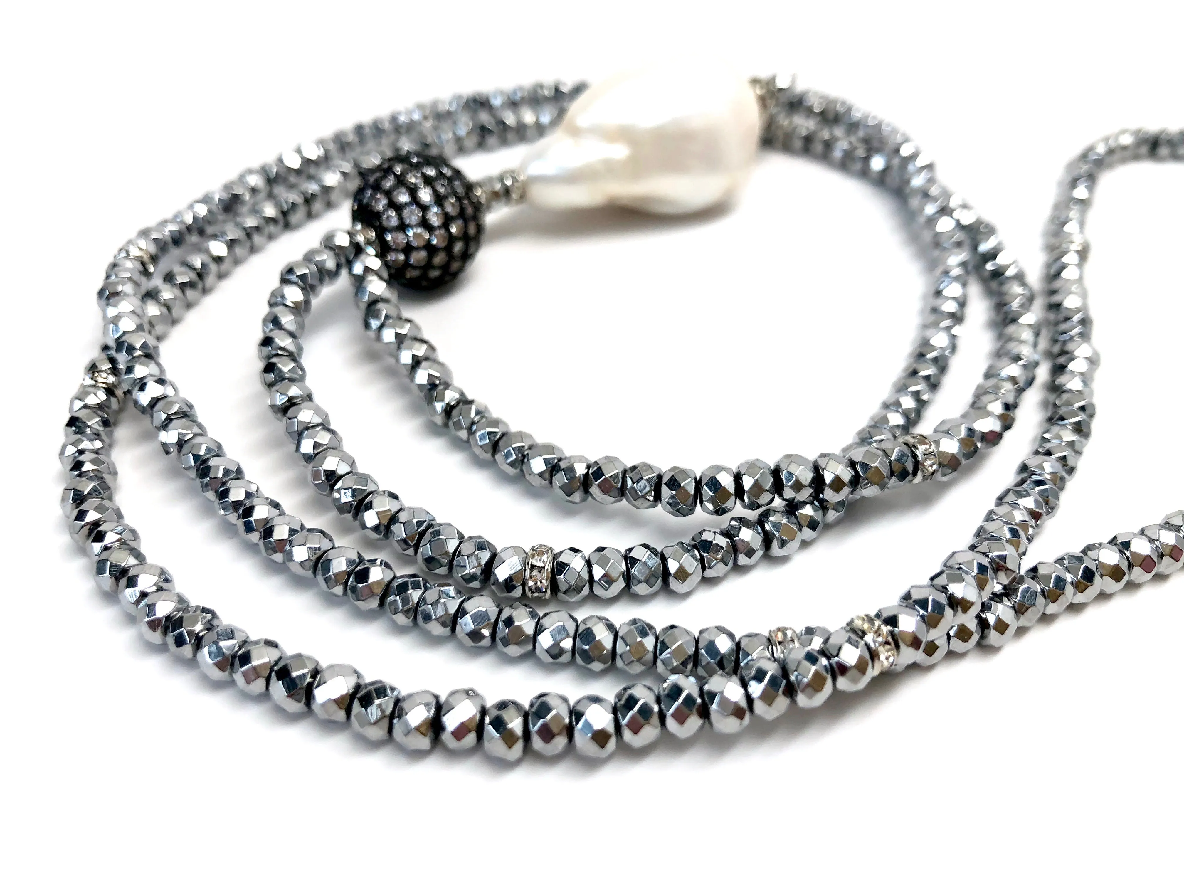 Victoria Silver Hematite, Pave Ball & Baroque Pearl Necklace