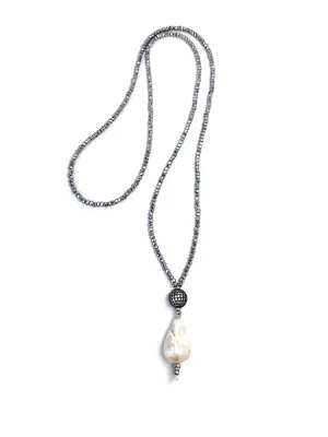 Victoria Silver Hematite, Pave Ball & Baroque Pearl Necklace