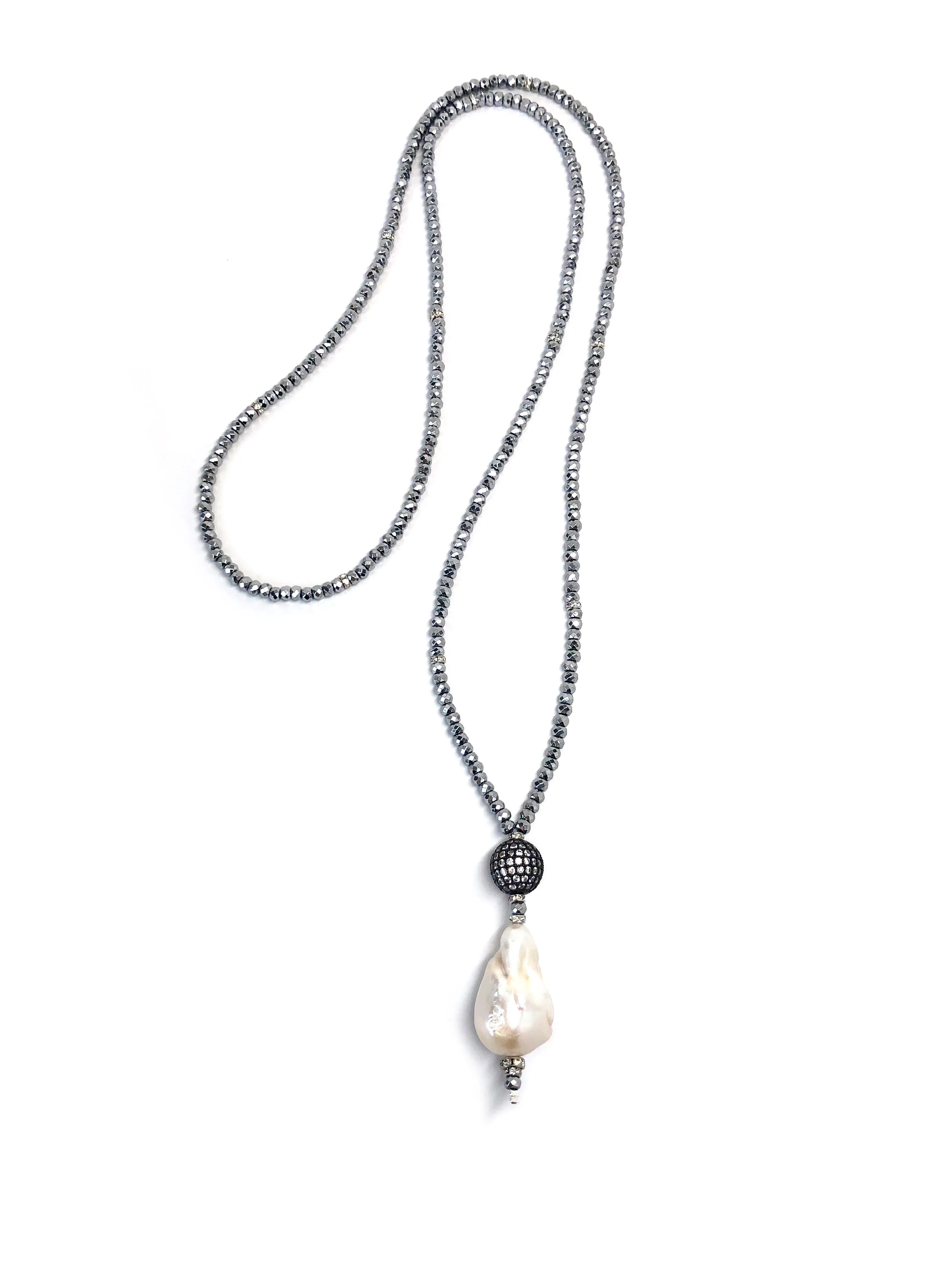 Victoria Silver Hematite, Pave Ball & Baroque Pearl Necklace
