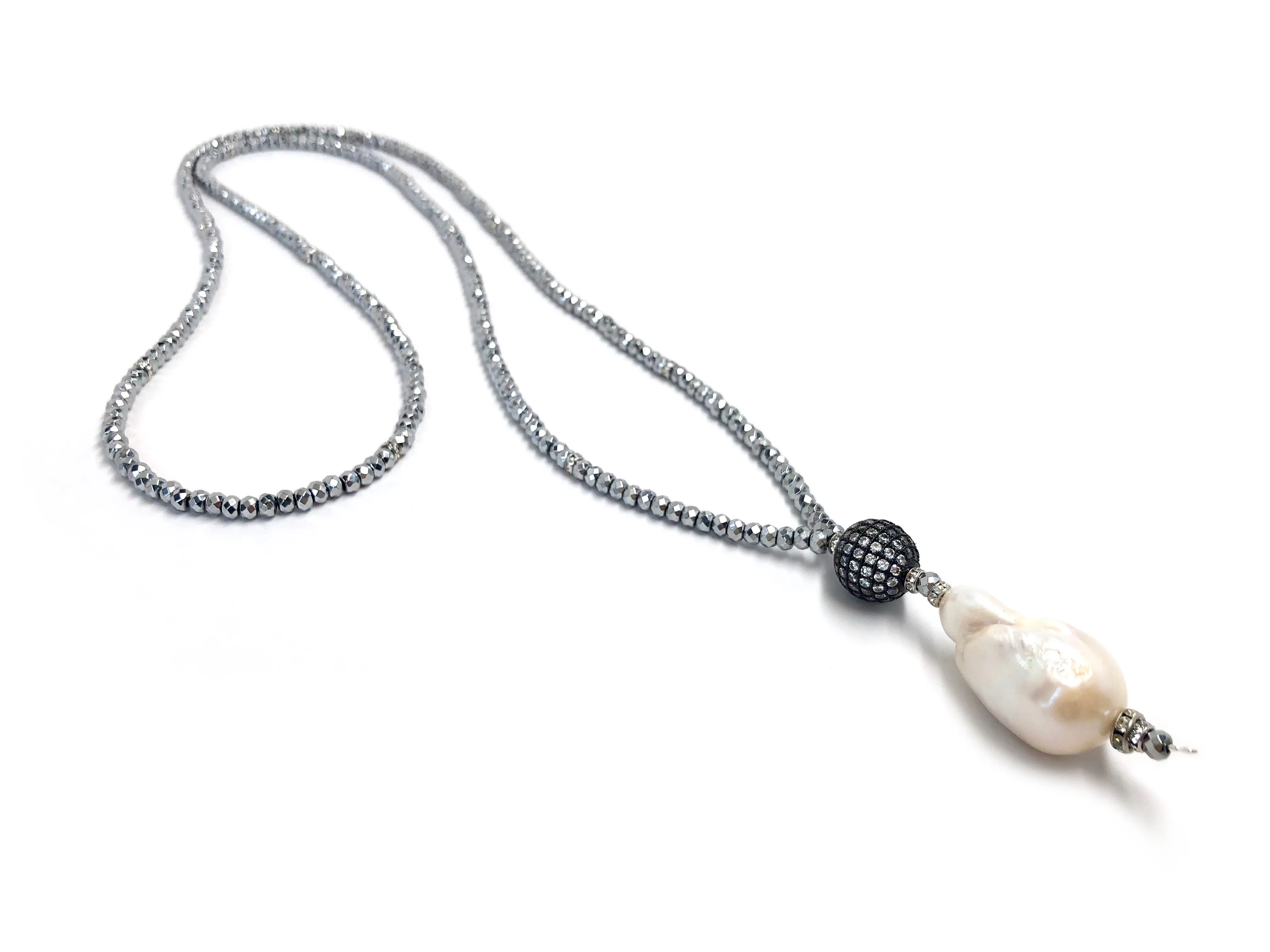 Victoria Silver Hematite, Pave Ball & Baroque Pearl Necklace