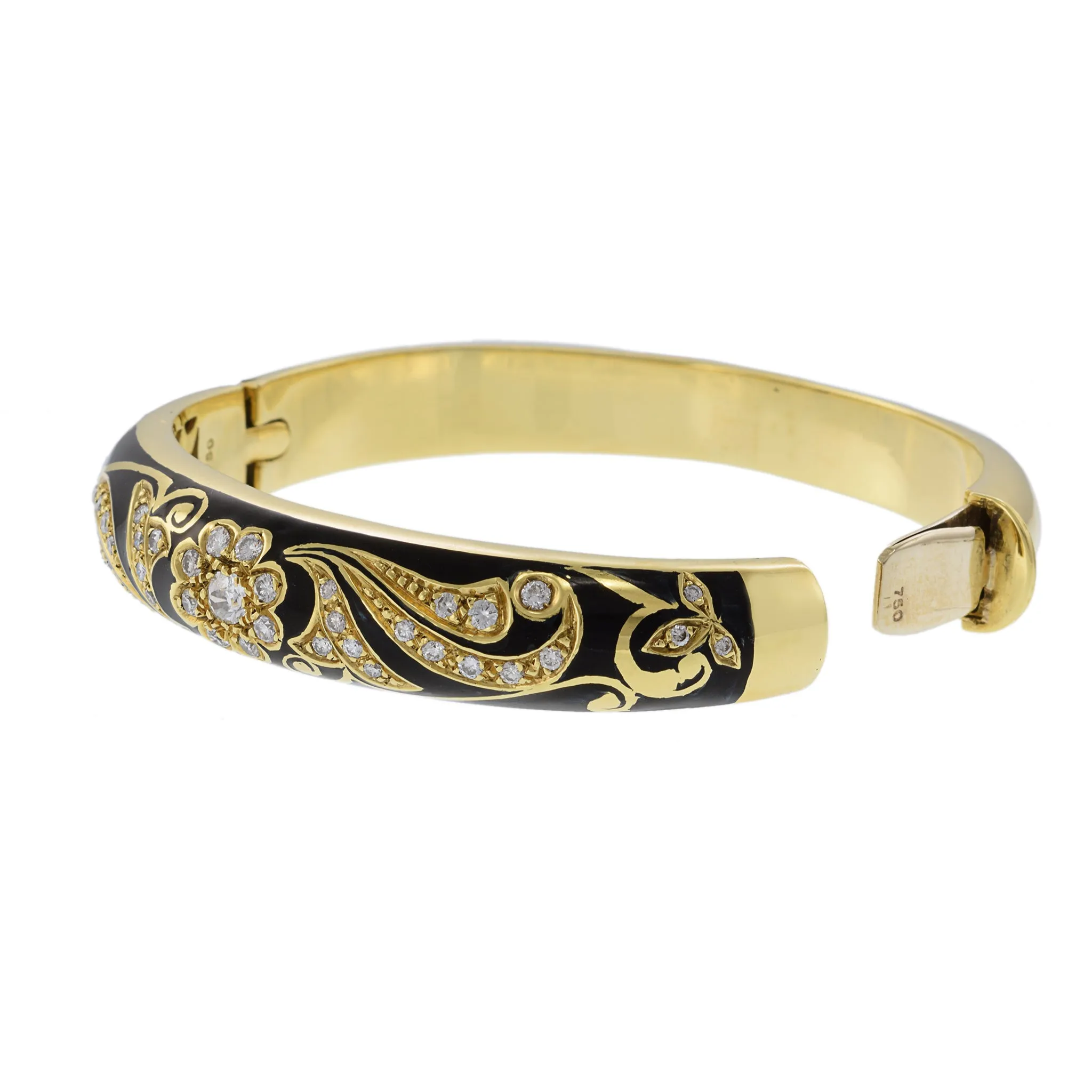Victorian Era 18KT Yellow Gold Black Enamel And Diamond Bangle