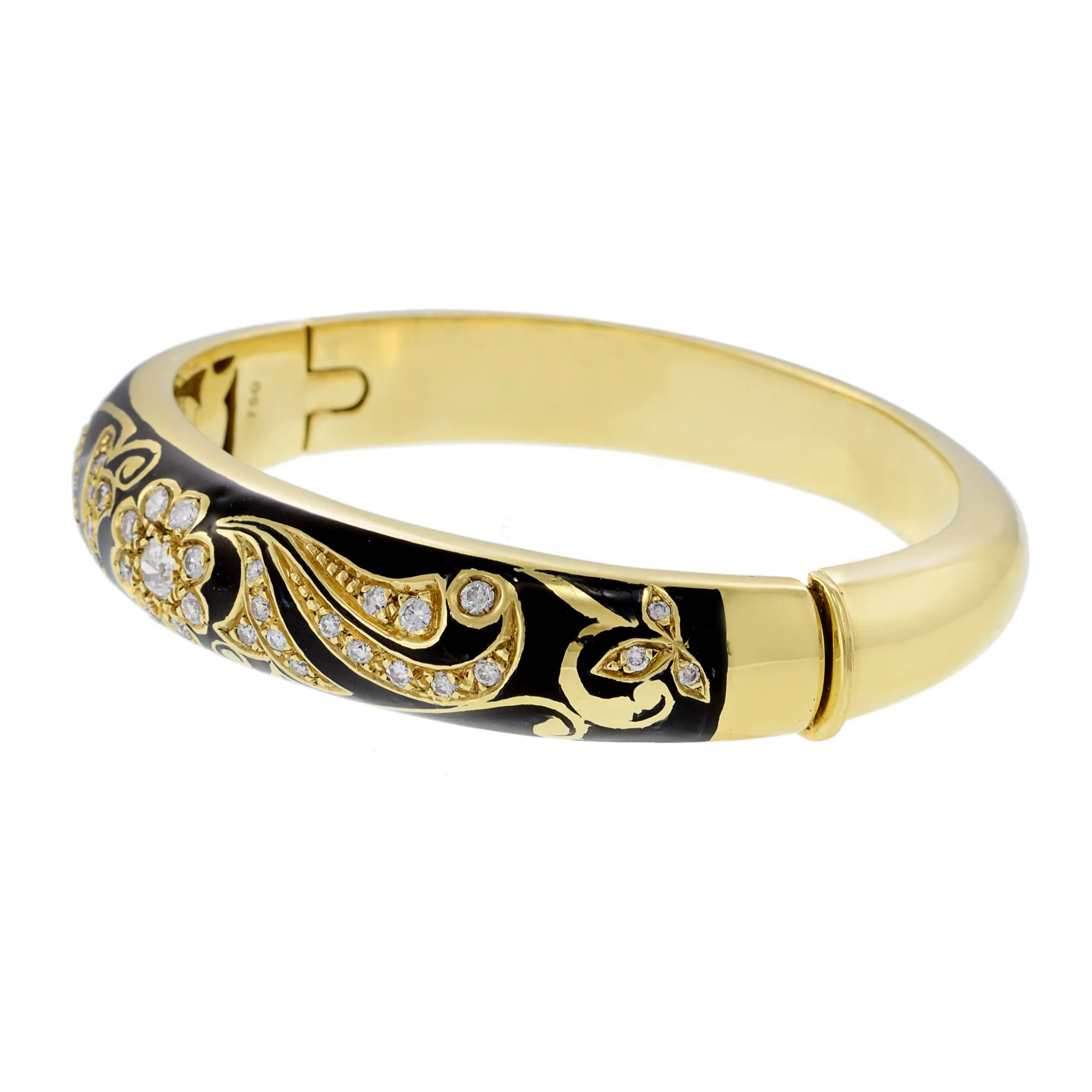 Victorian Era 18KT Yellow Gold Black Enamel And Diamond Bangle