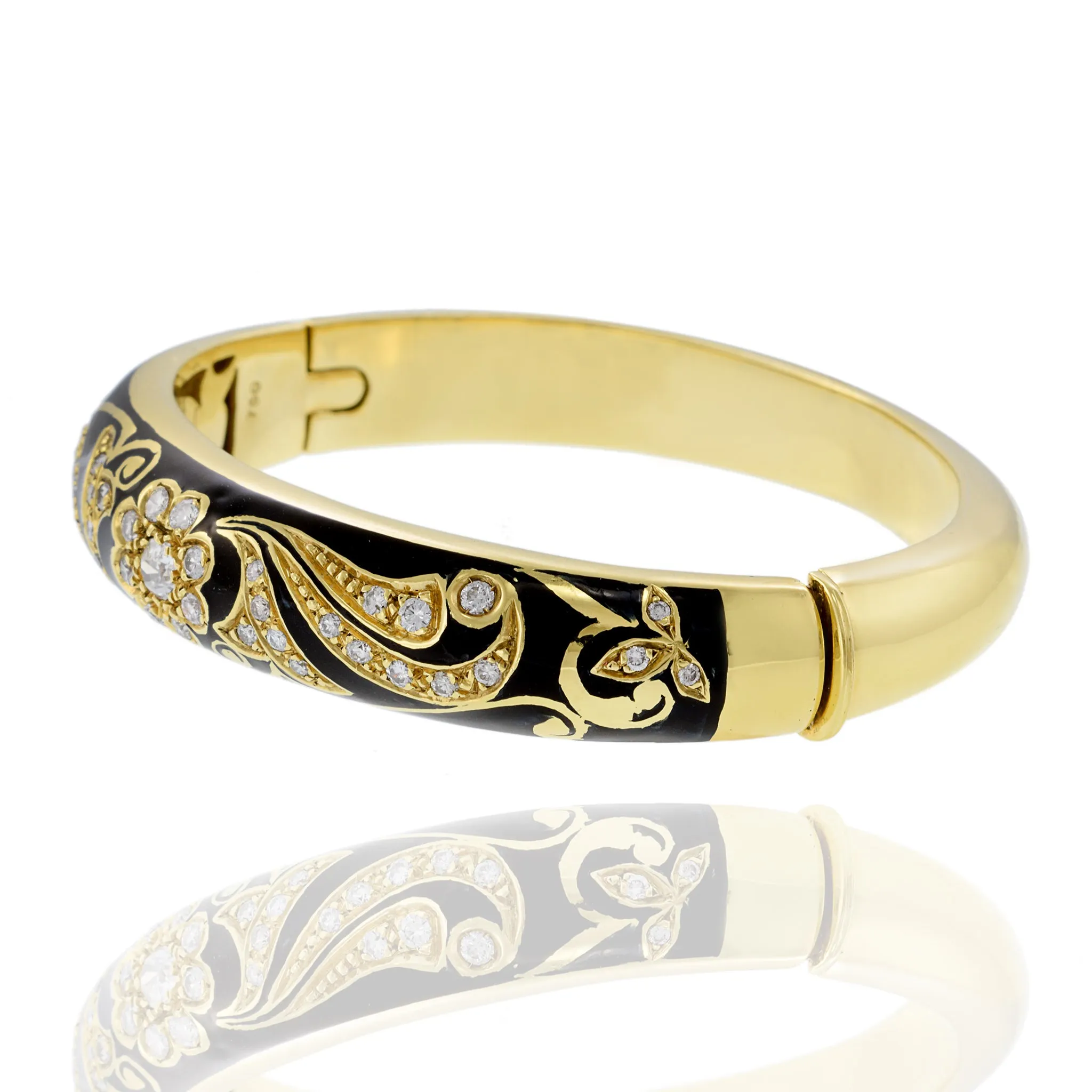 Victorian Era 18KT Yellow Gold Black Enamel And Diamond Bangle