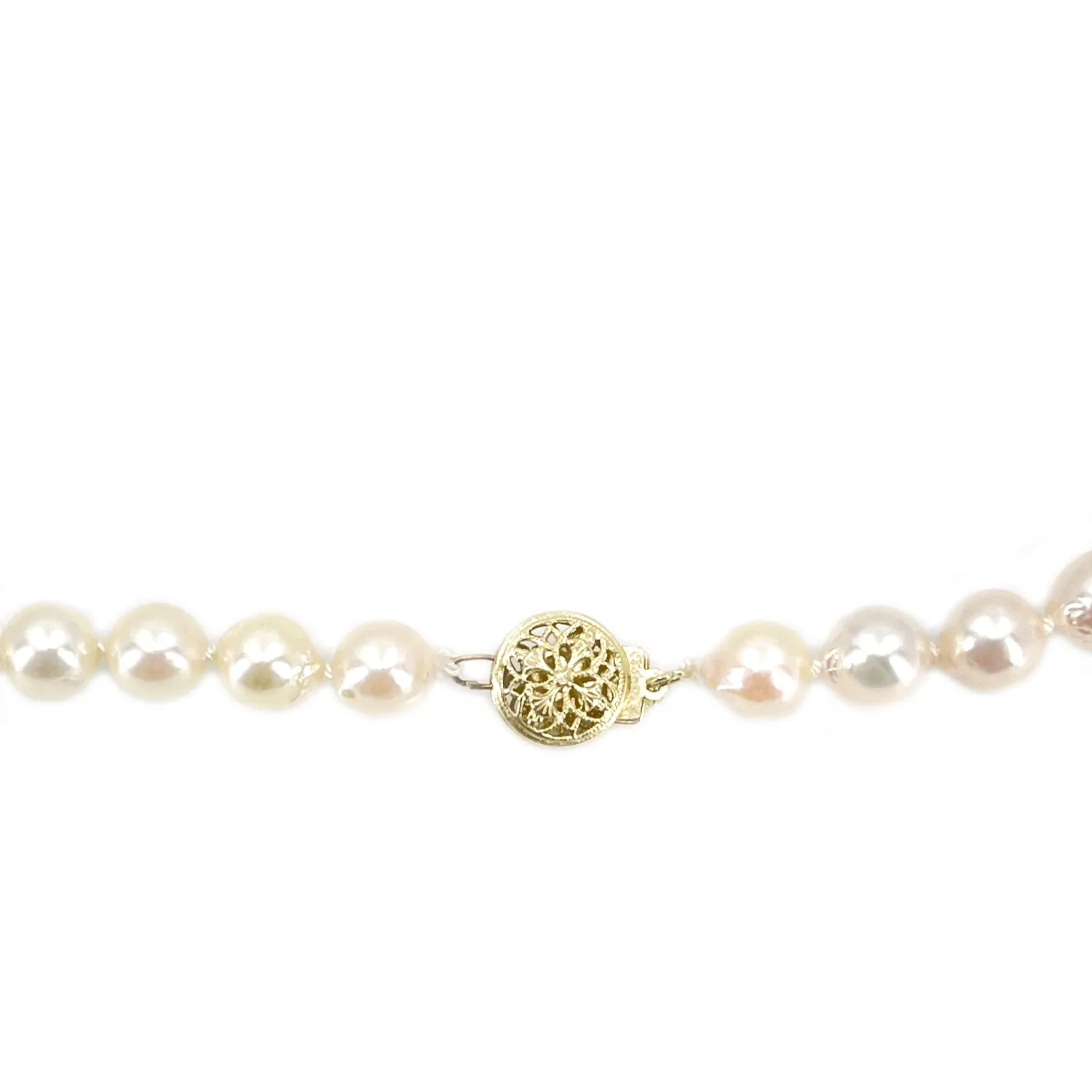Vintage Baroque Filigree Japanese Cultured Akoya Pearl Strand - 14K Yellow Gold 33.25 Inch