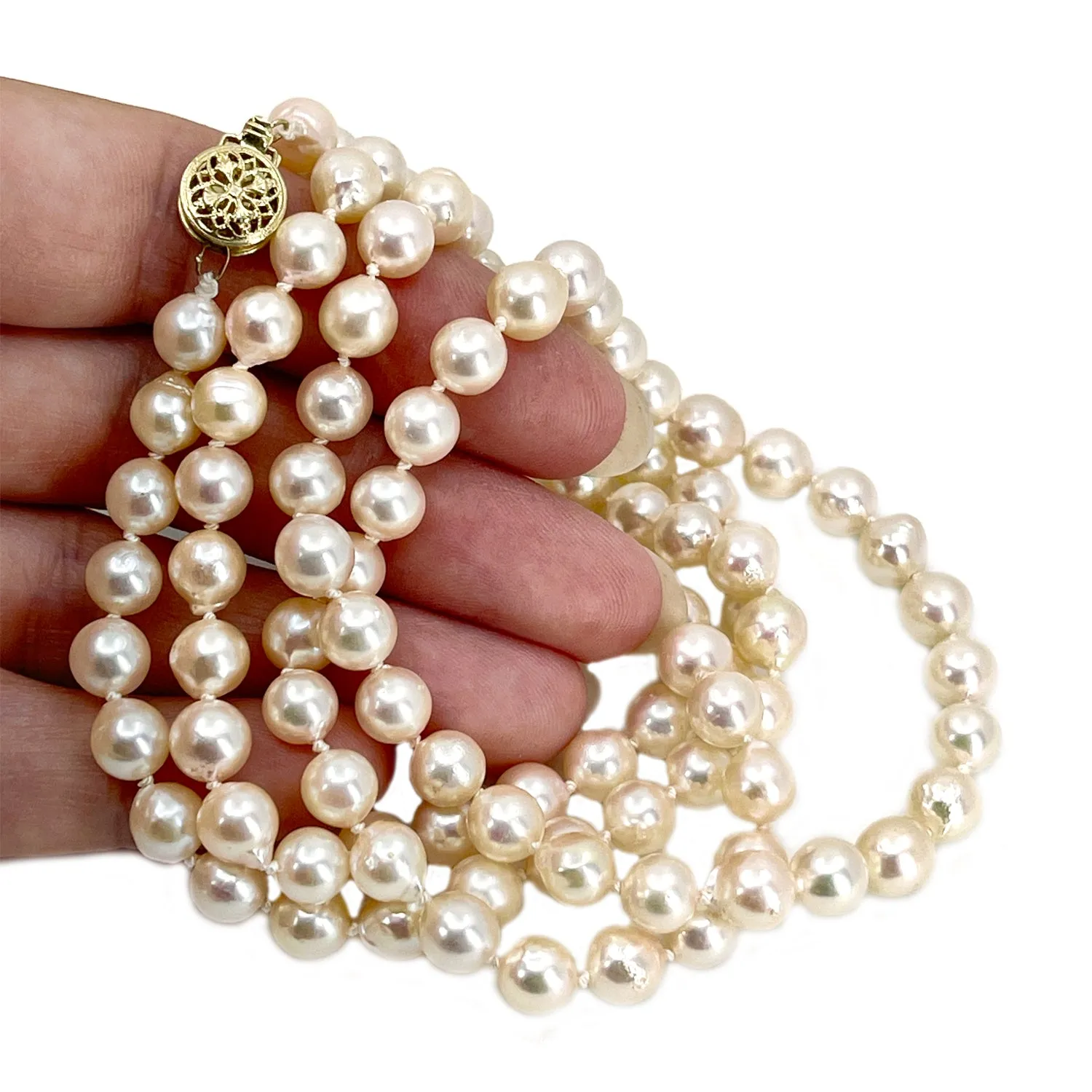 Vintage Baroque Filigree Japanese Cultured Akoya Pearl Strand - 14K Yellow Gold 33.25 Inch