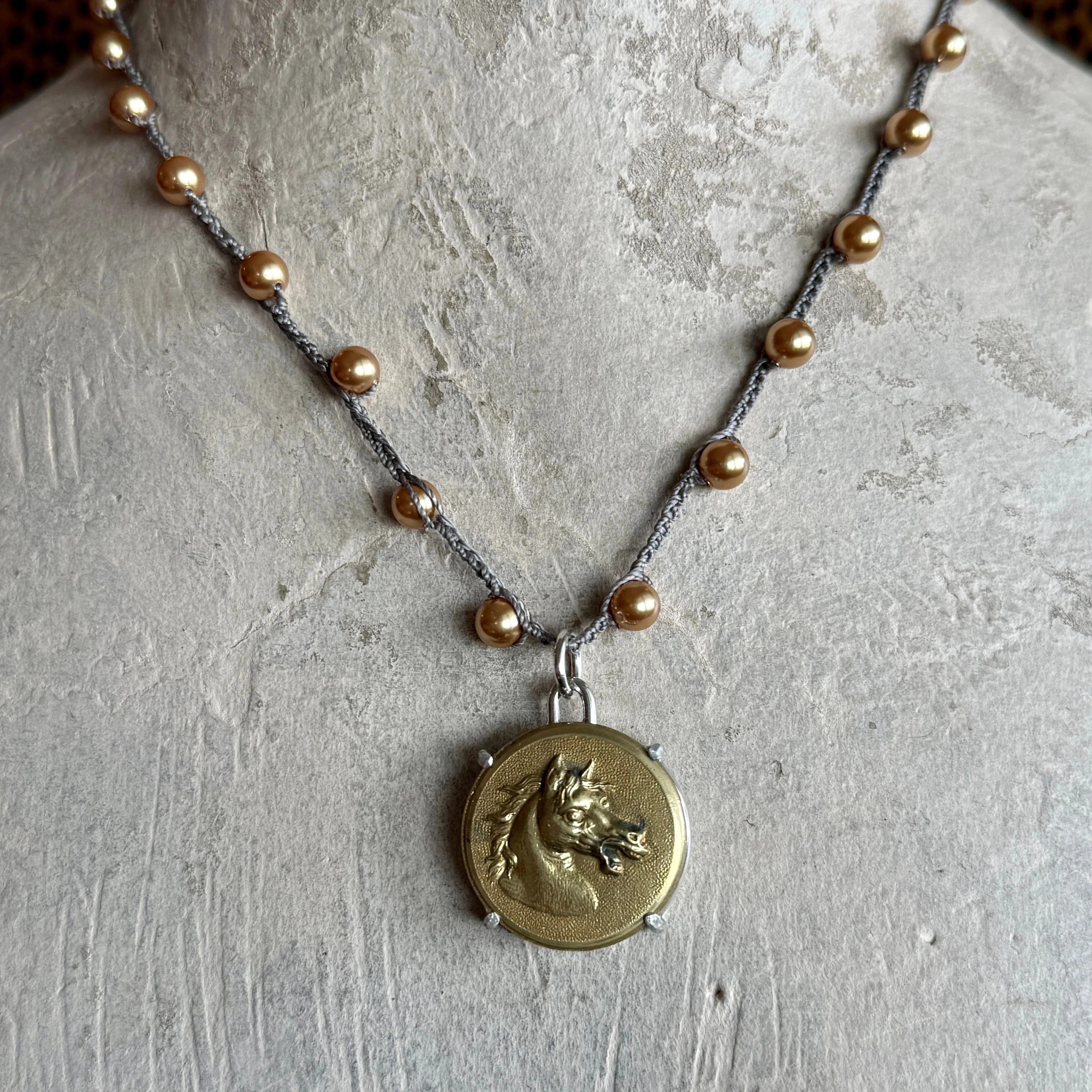 Vintage Brass Baroque Horse Button Necklace