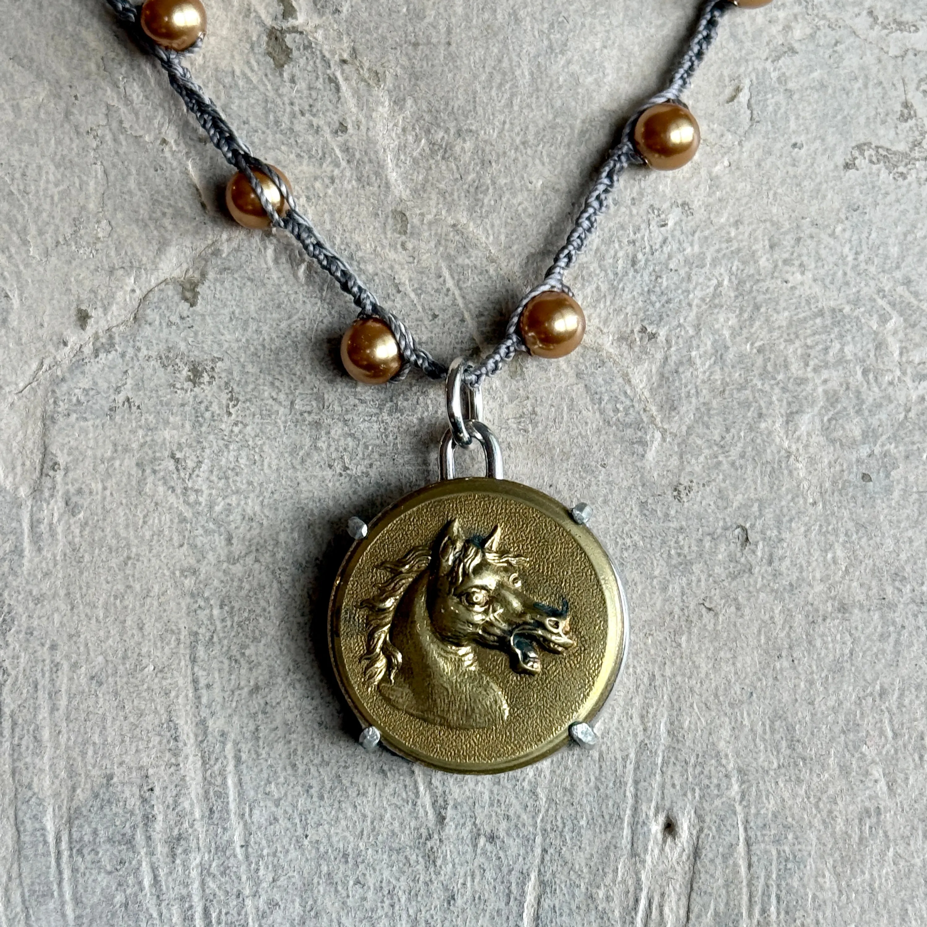Vintage Brass Baroque Horse Button Necklace