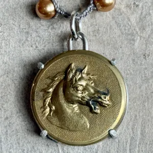 Vintage Brass Baroque Horse Button Necklace