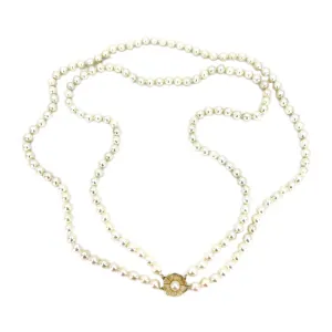 Vintage Double Strand Floral Japanese Saltwater Cultured Akoya Pearl Necklace - 14K Yellow Gold 22.75 & 24 Inch