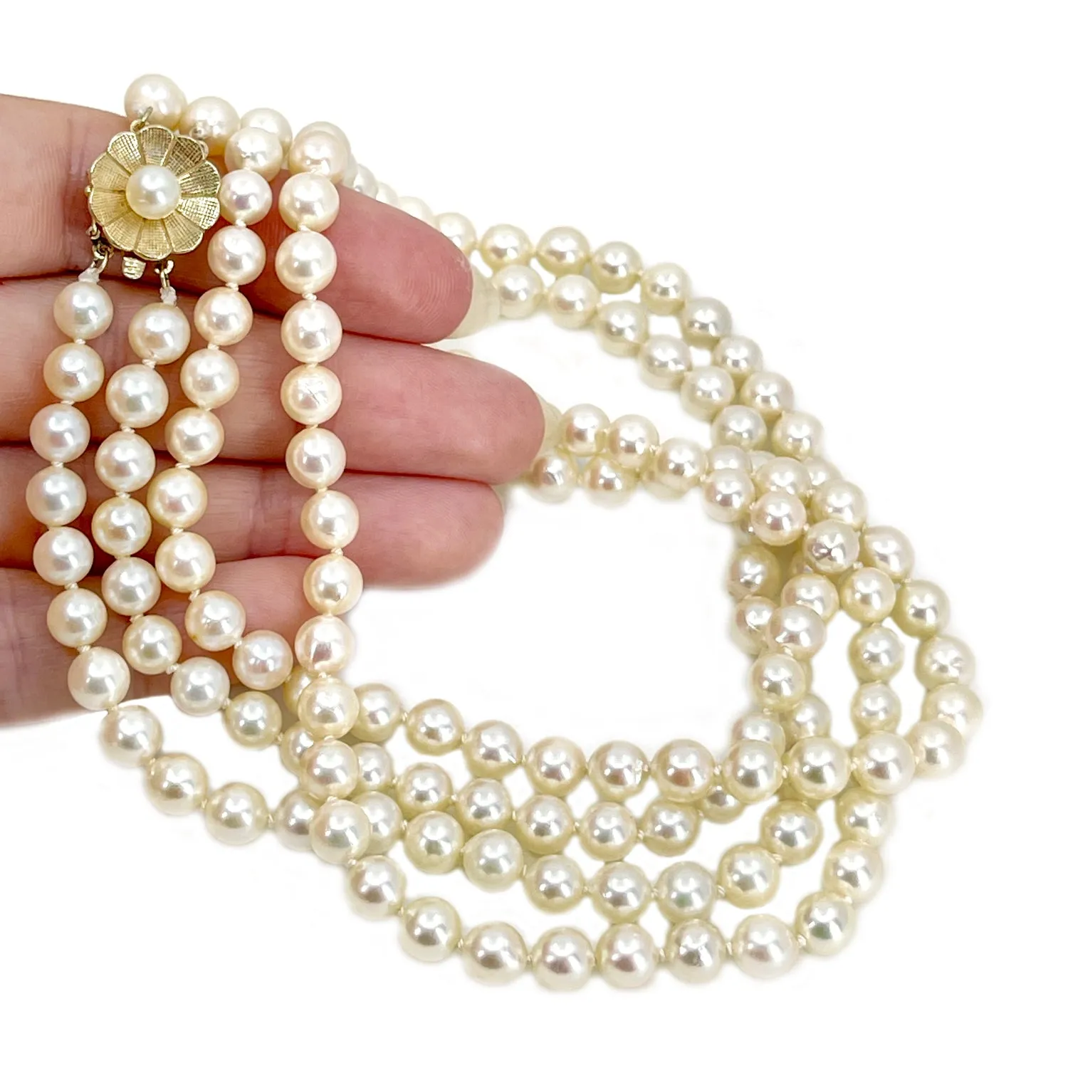 Vintage Double Strand Floral Japanese Saltwater Cultured Akoya Pearl Necklace - 14K Yellow Gold 22.75 & 24 Inch
