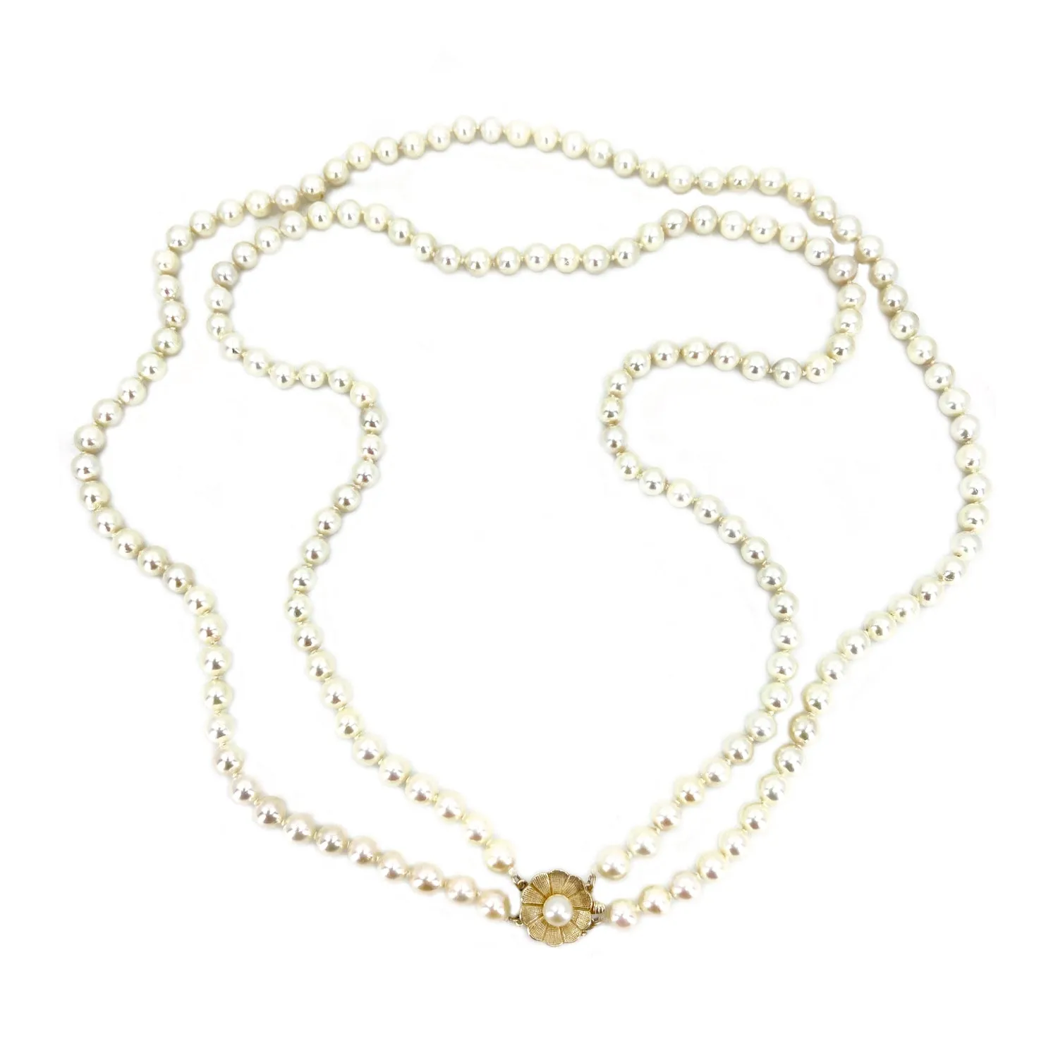 Vintage Double Strand Floral Japanese Saltwater Cultured Akoya Pearl Necklace - 14K Yellow Gold 22.75 & 24 Inch